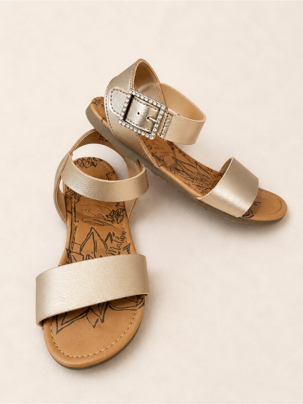 Blowfish Malibu Girls Metallic Gold Strappy Sandals w/ Rhinestone Buckle / Kids